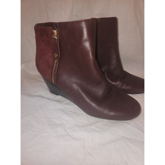 Isaac Mizrahi Live! Leather & Suede Wedge Ankle Boots wine 7M - Picture 1 of 7